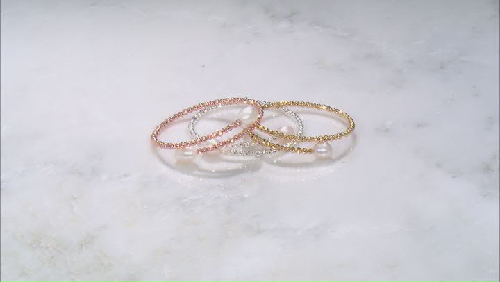 White Cultured Freshwater Pearl & White, Yellow, & Rose Hematine Wrap Bracelet Set of 3 Video Thumbnail