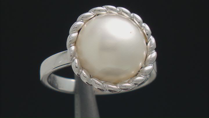 White Cultured South Sea Mabe Pearl Rhodium Over Sterling Silver Ring Video Thumbnail