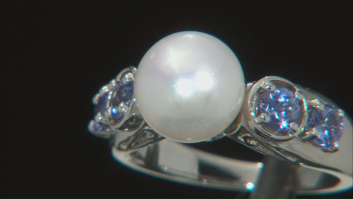 White Cultured Freshwater Pearl & Tanzanite Rhodium Over Sterling Silver Ring Video Thumbnail
