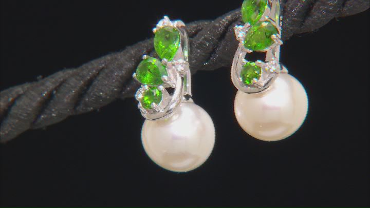 White Cultured Freshwater Pearl Chrome Diopside & White Zircon Rhodium Over Silver Earrings Video Thumbnail