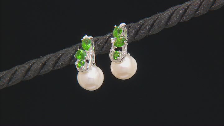 White Cultured Freshwater Pearl Chrome Diopside & White Zircon Rhodium Over Silver Earrings Video Thumbnail