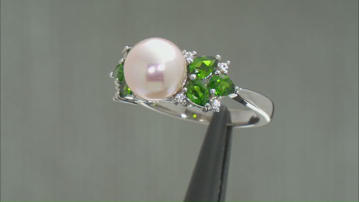 White Cultured Freshwater Pearl Chrome Diopside & White Zircon Rhodium Over Silver Ring Video Thumbnail