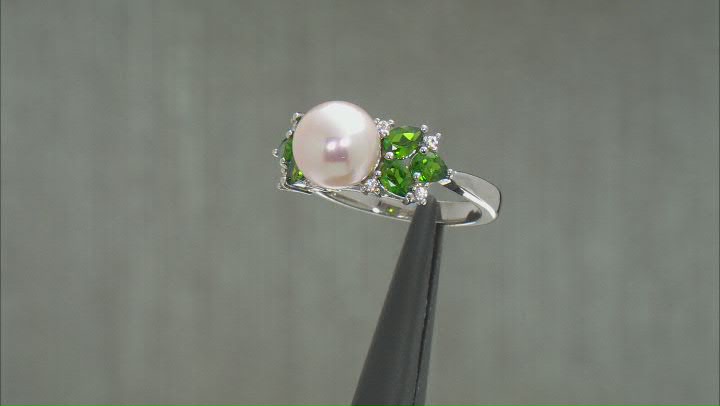 White Cultured Freshwater Pearl Chrome Diopside & White Zircon Rhodium Over Silver Ring Video Thumbnail