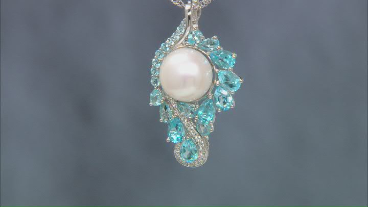 White Cultured Freshwater Pearl With Blue & White Topaz Rhodium Over Silver Brooch Enhancer/Chain Video Thumbnail