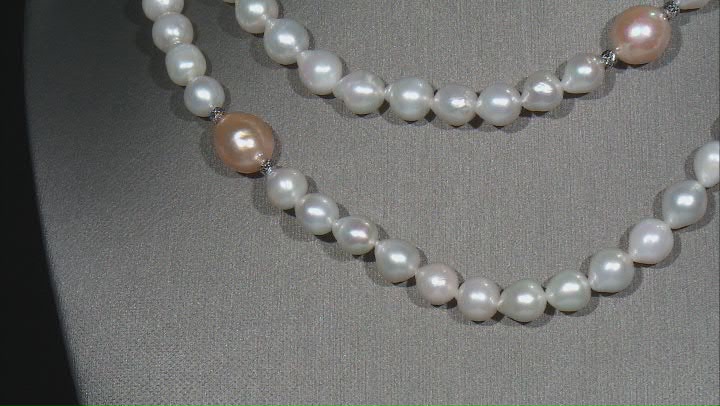 Peach & White Cultured Freshwater Pearl Rhodium Over Sterling Silver 32 Inch Necklace Video Thumbnail