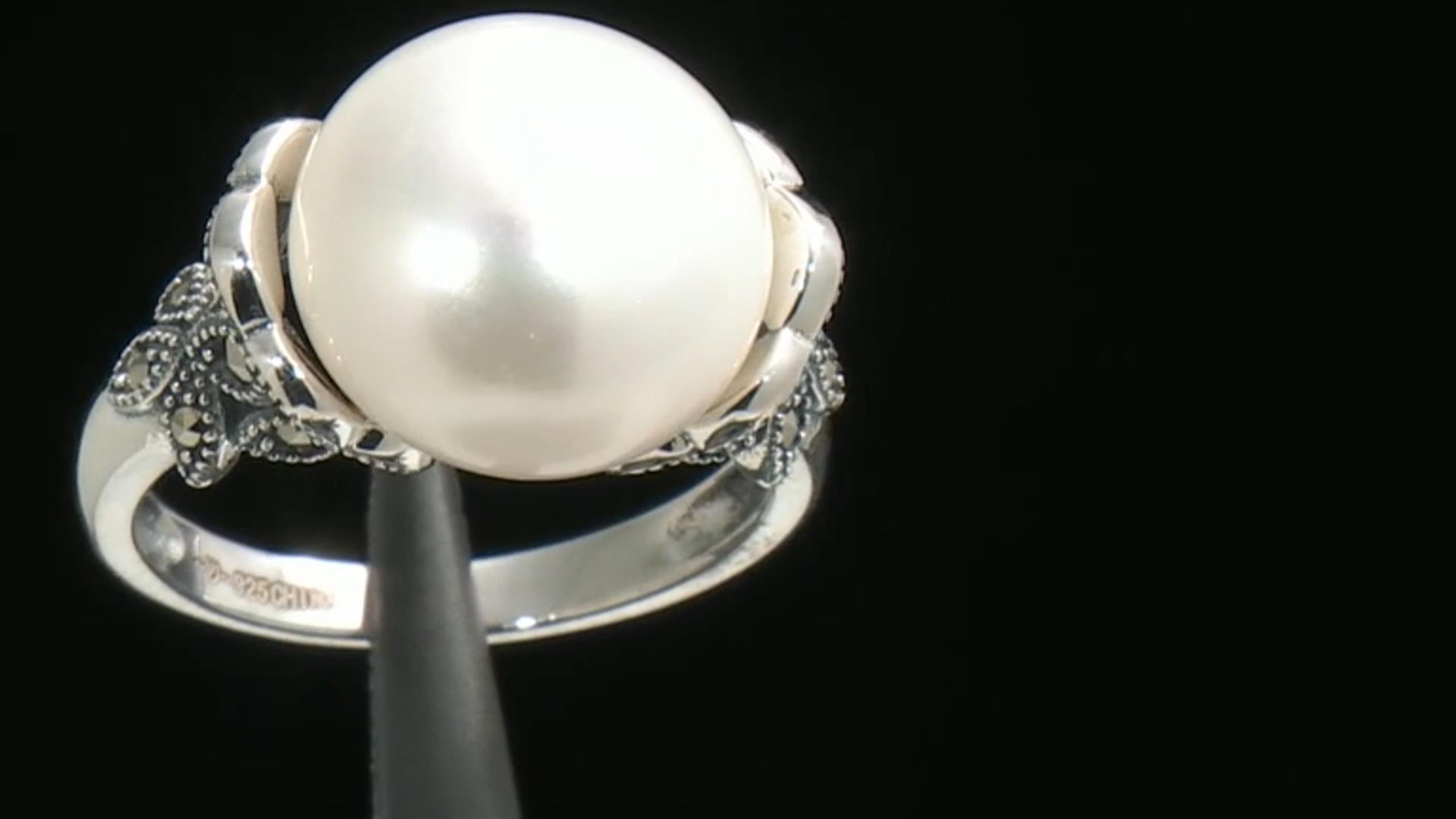 White Cultured Freshwater Pearl & Marcasite Rhodium Over Sterling Silver Ring Video Thumbnail