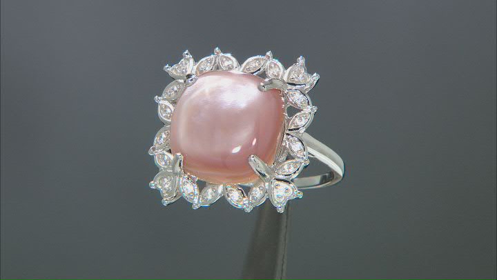 Pink Mother-of-Pearl With White Zircon Rhodium Over Sterling Silver Ring Video Thumbnail