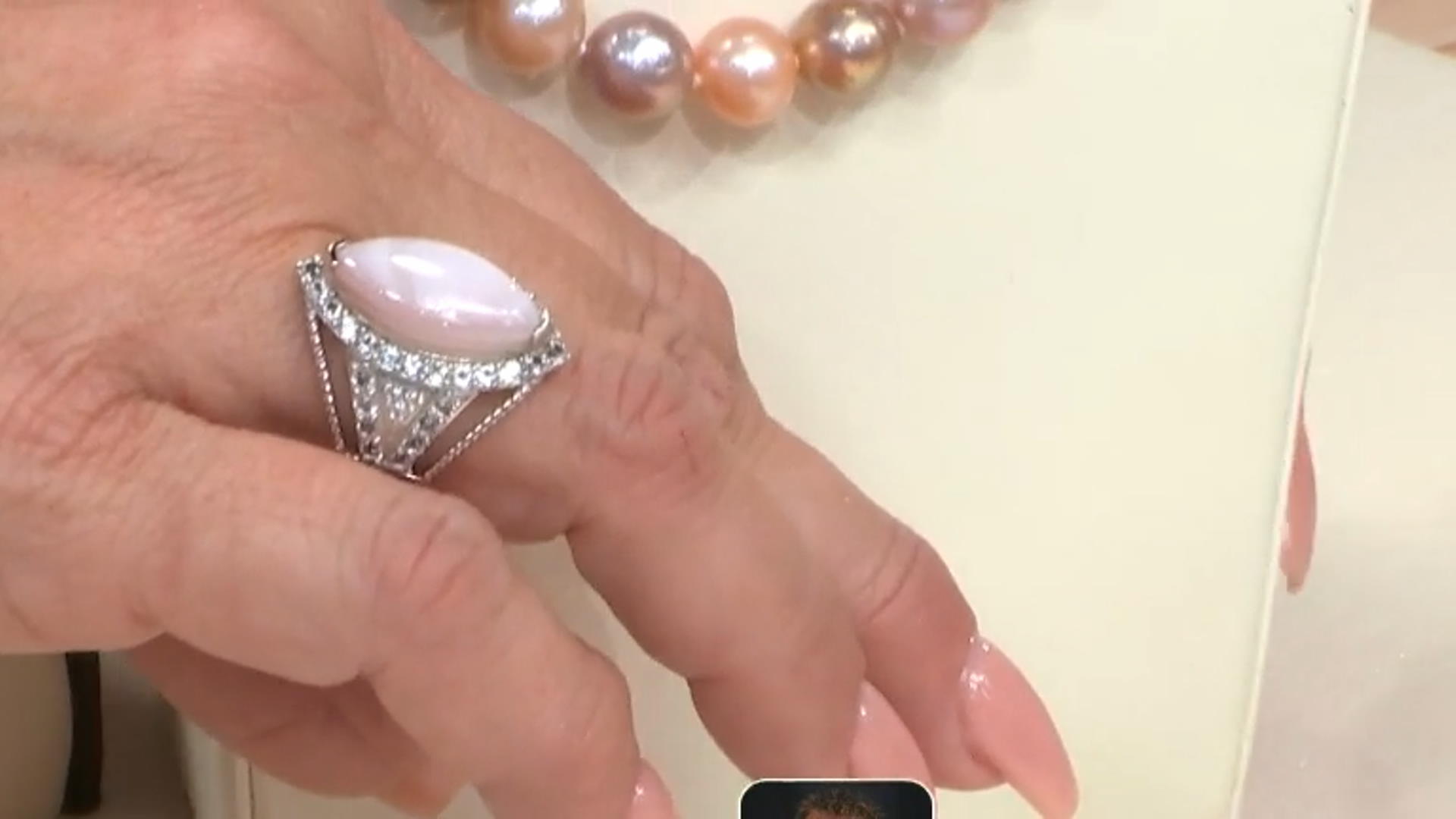 Pink Mother-of-Pearl With White Topaz & White Zircon Rhodium Over Silver Ring Video Thumbnail