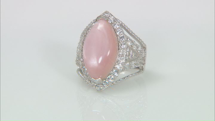 Pink Mother-of-Pearl With White Topaz & White Zircon Rhodium Over Silver Ring Video Thumbnail