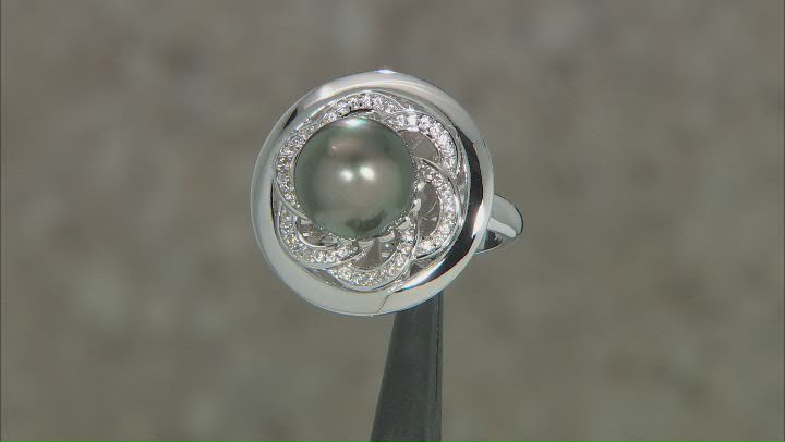 Cultured Tahitian Pearl With White Zircon Rhodium Over Sterling Silver Ring Video Thumbnail