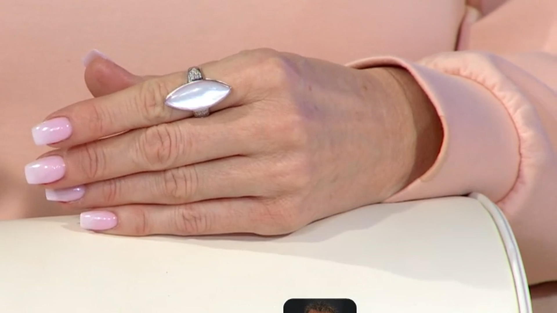 Pink South Sea Mother-Of-Pearl & White Zircon Rhodium Over Sterling Silver Ring Video Thumbnail
