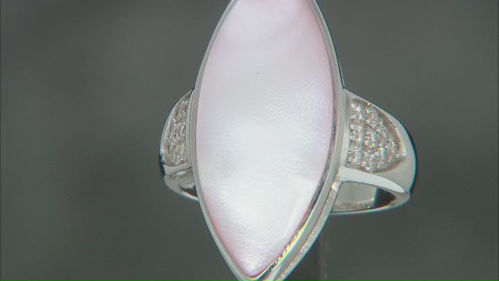 Pink South Sea Mother-Of-Pearl & White Zircon Rhodium Over Sterling Silver Ring Video Thumbnail