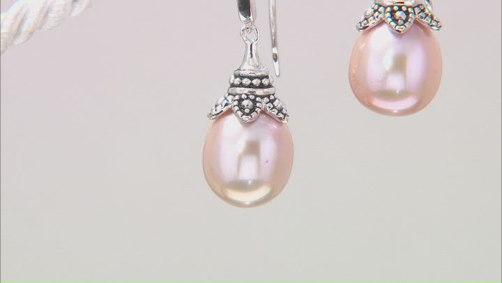 Pink Cultured Kasumiga Pearl Rhodium Over Sterling Silver Earrings Video Thumbnail