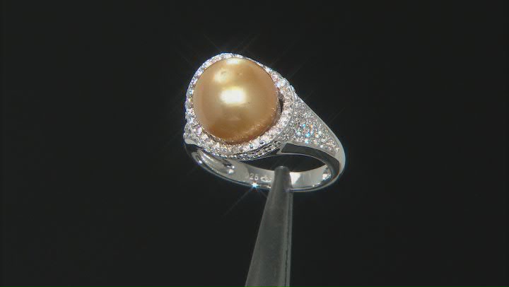 Golden Cultured South Sea Pearl With White Zircon Rhodium Over Sterling Silver Ring Video Thumbnail