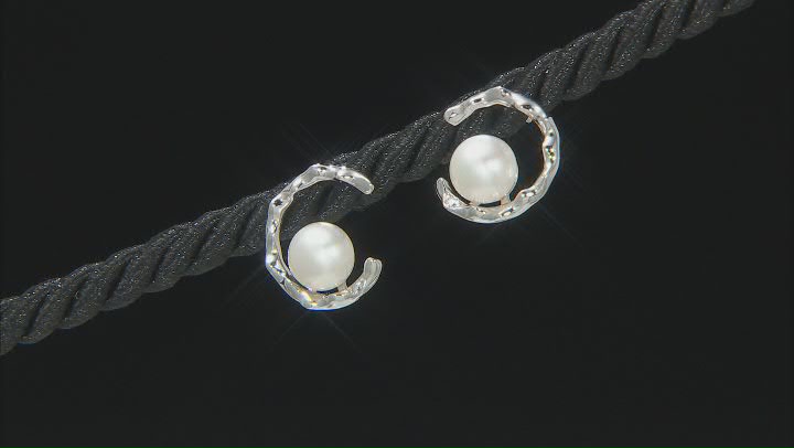 White Cultured Freshwater Pearl With Lab Created Sapphire Rhodium Over Silver Earrings Video Thumbnail