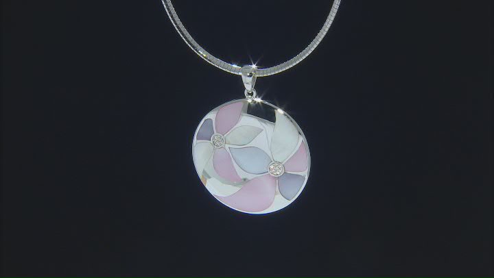 Multi Color South Sea Mother-Of-Pearl With White Zircon Rhodium Over Silver Pendant With Chain Video Thumbnail
