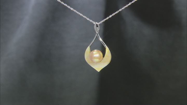 Golden Cultured South Sea Pearl and South Sea Mother-Of-Pearl Rhodium Over Silver Pendant With Chain Video Thumbnail