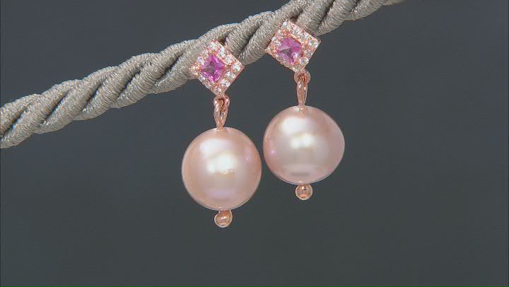 Genusis™ Lavender Cultured Freshwater Pearl, Pink Sapphire 18k Rose Gold Over Silver Earrings Video Thumbnail
