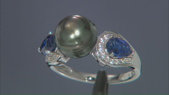 Cultured Tahitian Pearl With Kyanite & White Zircon Rhodium Over Sterling Silver Ring Video Thumbnail