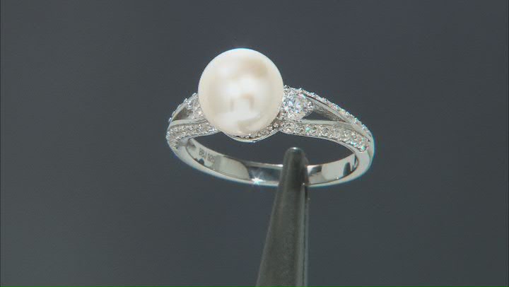 White Cultured Freshwater Pearl & White Zircon Rhodium Over Sterling Silver Ring Set Video Thumbnail