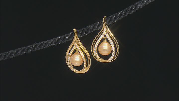 Golden Cultured South Sea Pearl & White Zircon 18k Yellow Gold Over Sterling Silver Earrings Video Thumbnail