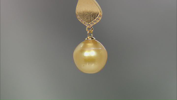 Golden Cultured South Sea Pearl & White Zircon 18k Yellow Gold Over Sterling Silver Enhancer Video Thumbnail