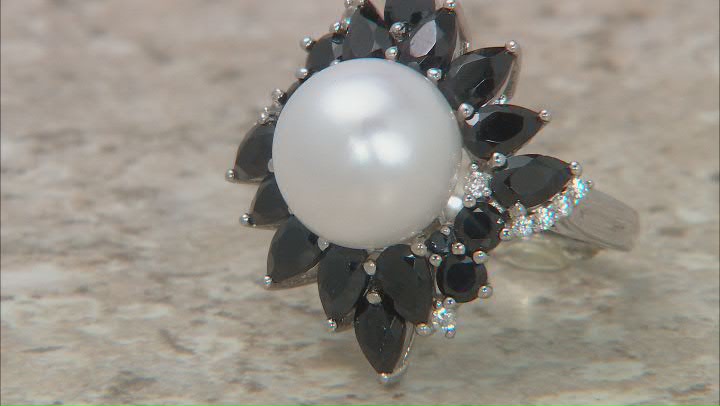 White Cultured Freshwater Pearl With Black Spinel & White Zircon Rhodium Over Silver Ring Video Thumbnail