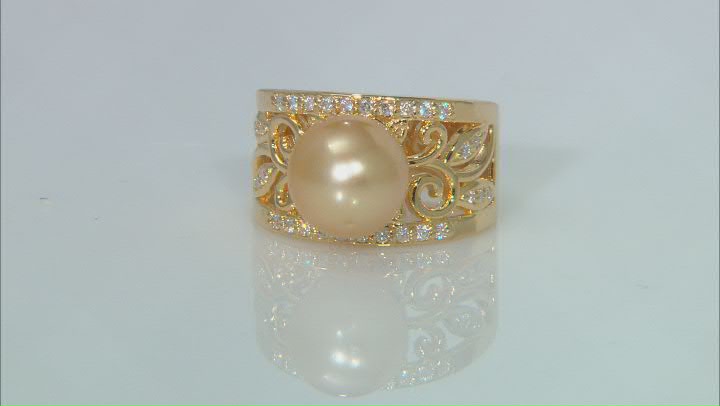 Golden Cultured South Sea Pearl With Moissanite 18k Yellow Gold Over Sterling Silver Ring Video Thumbnail