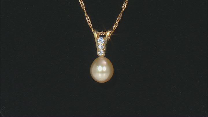 Golden Cultured South Sea Pearl With Moissanite 18k Yellow Gold Over Sterling Silver Pendant Video Thumbnail