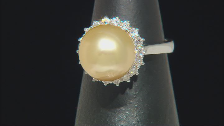 Golden Cultured South Sea Pearl With Moissanite Platineve Ring Video Thumbnail