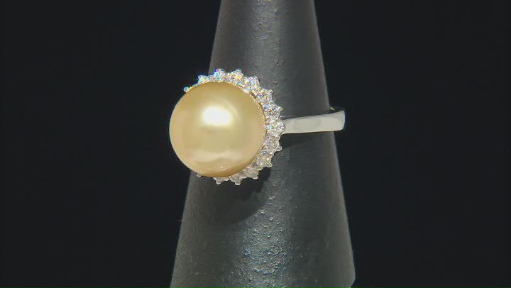 Golden Cultured South Sea Pearl With Moissanite Platineve Ring Video Thumbnail
