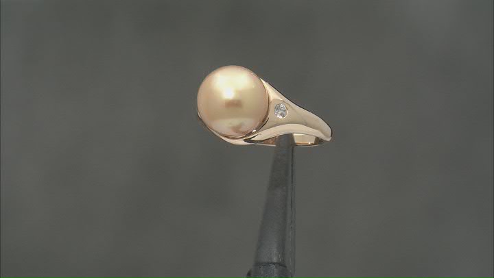 Golden Cultured South Sea Pearl With White Zircon 14k Yellow Gold Ring Video Thumbnail
