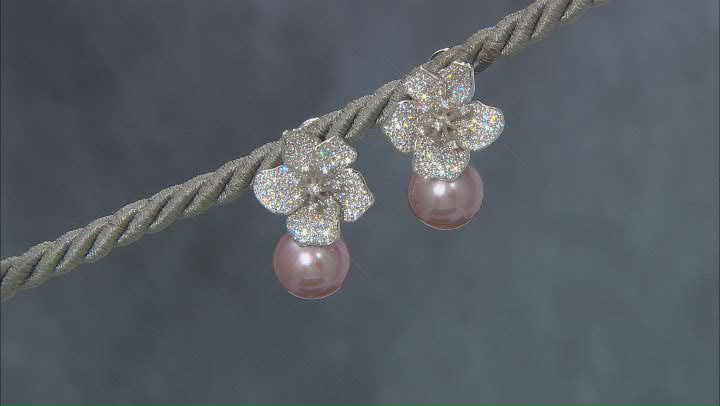 Pink Cultured Freshwater Pearl & Cubic Zirconia Rhodium Over Sterling Silver Earrings Video Thumbnail
