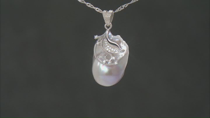 White Cultured Freshwater Pearl & Cubic Zirconia Rhodium Over Sterling Silver Pendant With Chain Video Thumbnail