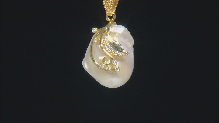 White Cultured Freshwater Pearl & Cubic Zirconia 18k Yellow Gold Over Silver Pendant with Chain Video Thumbnail