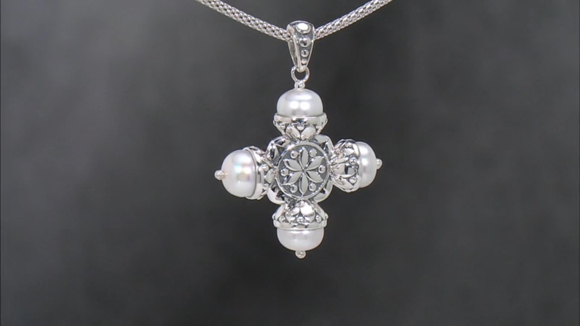 White Cultured Freshwater Pearl Sterling Silver Cross Necklace Video Thumbnail
