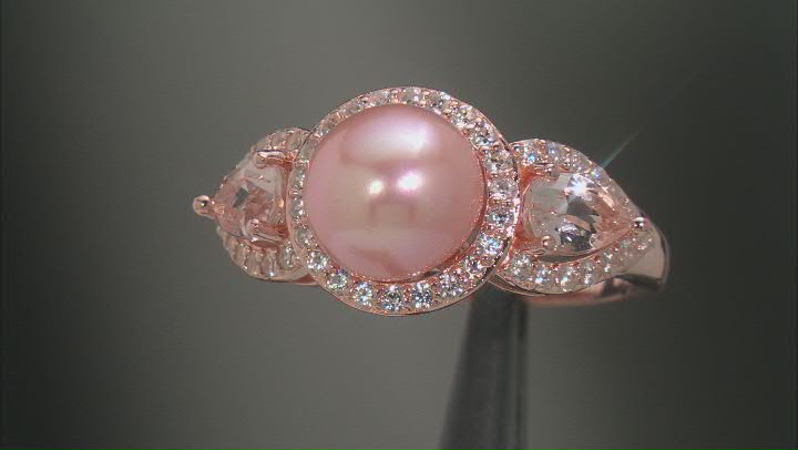 Peach Cultured Freshwater Pearl With Morganite & White Zircon 18k Rose Gold Over Silver Ring Video Thumbnail