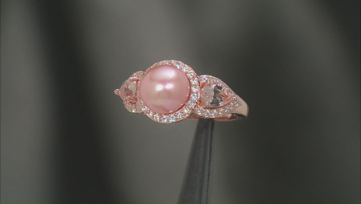 Peach Cultured Freshwater Pearl With Morganite & White Zircon 18k Rose Gold Over Silver Ring Video Thumbnail