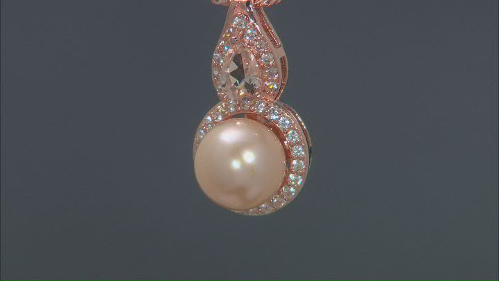 Peach Cultured Freshwater Pearl With Morganite & White Zircon 18k Rose Gold Over Silver Pendant Video Thumbnail