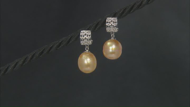 Golden Cultured South Sea Pearl Rhodium Over Sterling Silver Earrings Video Thumbnail
