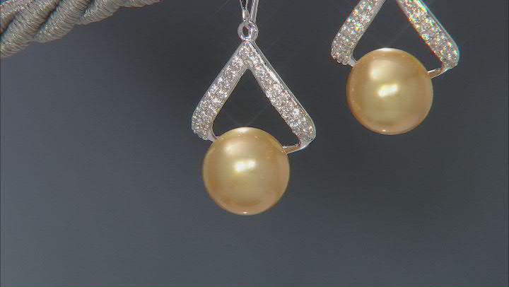 Golden Cultured South Sea Pearl & White Zircon Rhodium Over Sterling Silver Earrings Video Thumbnail