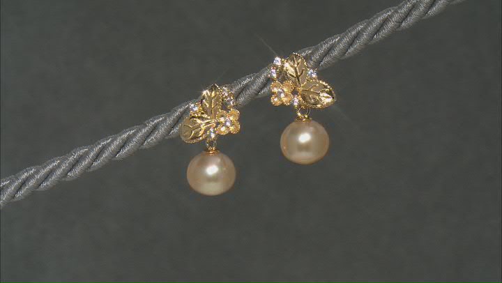 Golden Cultured South Sea Pearl & White Zircon 18k Yellow Gold Over Sterling Silver Earrings Video Thumbnail
