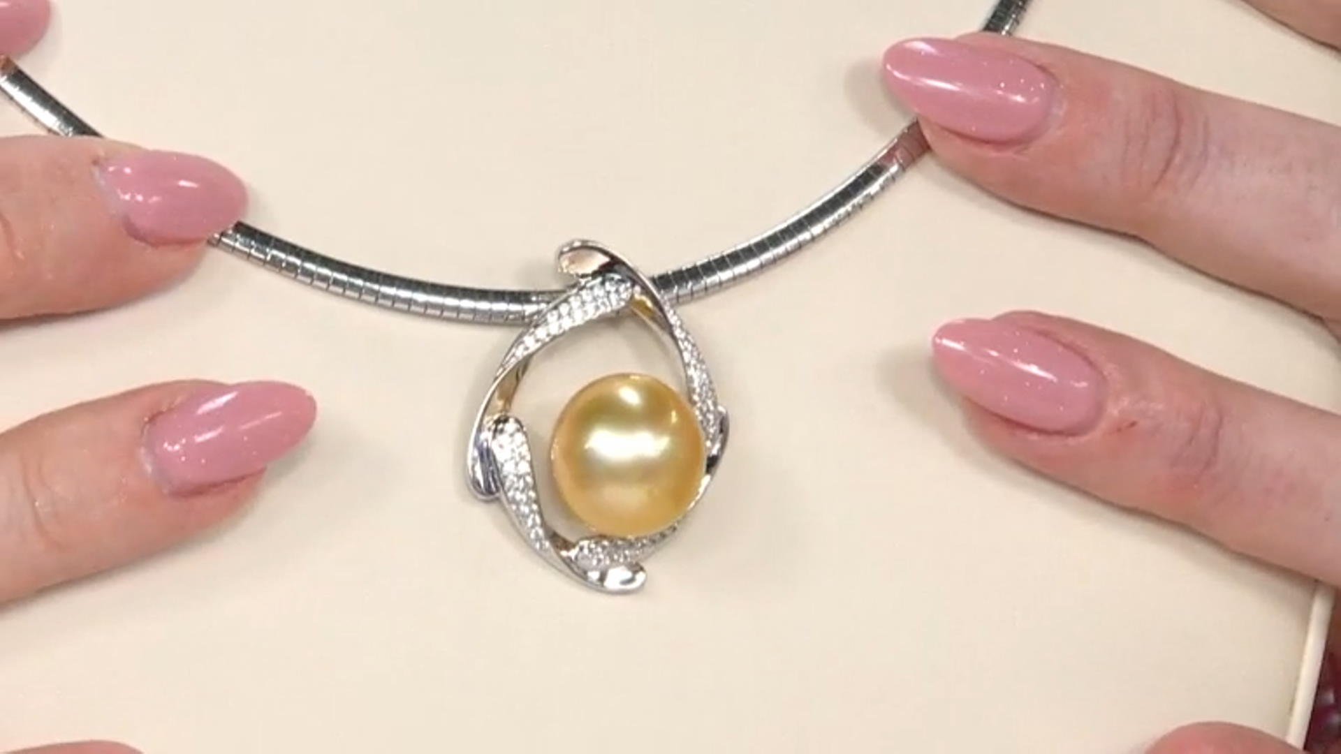 Golden Cultured South Sea Pearl & White Zircon Rhodium Over Silver Pendant With Omega Video Thumbnail