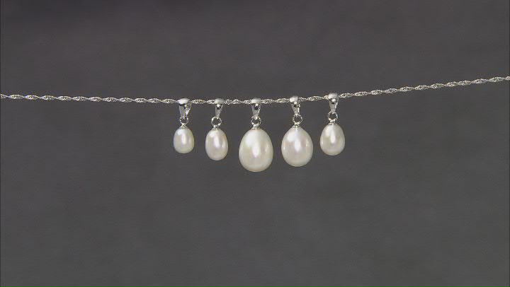 White Cultured Freshwater Pearl Rhodium Over Sterling Silver Necklace Set Of 5 Video Thumbnail