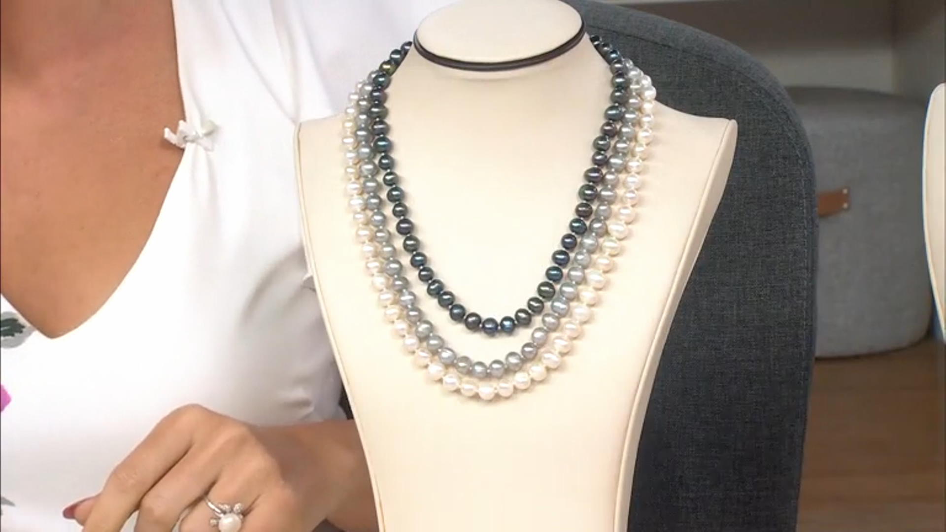 Multi-Color Freshwater Pearl Rhodium Over Sterling Silver Multi-Row Necklace Video Thumbnail
