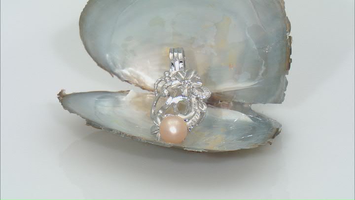Wish® Pearl Cultured Freshwater Pearl Rhodium Over Silver Seashell Cage Pendant With Chain Video Thumbnail