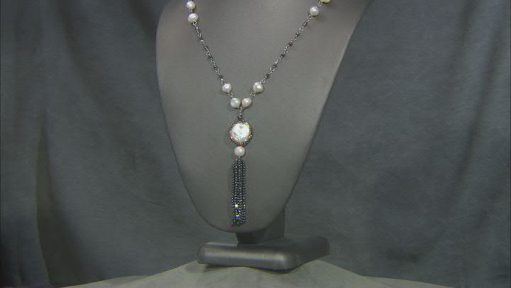 White Cultured Freshwater Pearl With Hematine Rhodium Over Sterling Silver Necklace Video Thumbnail