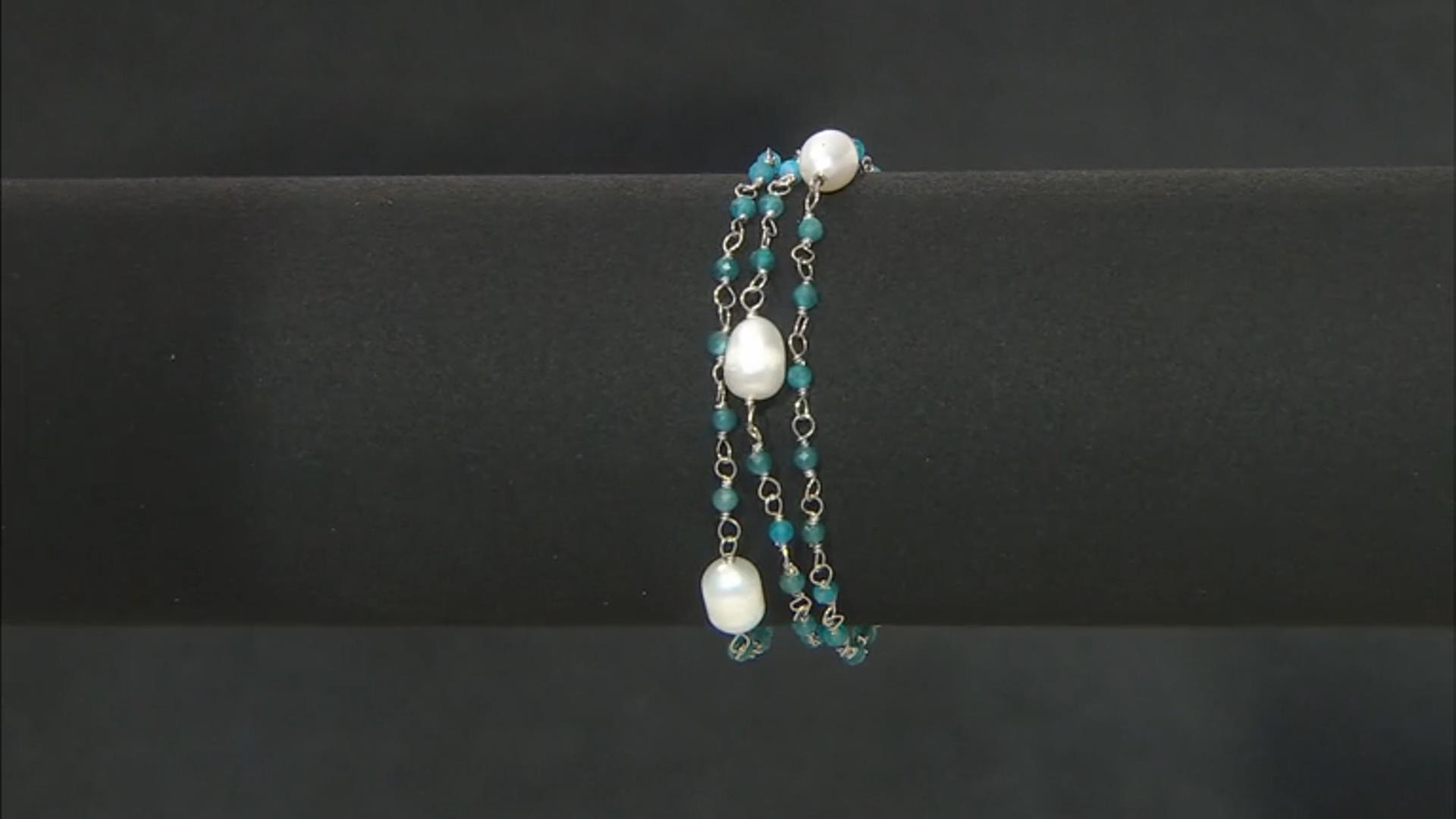 White Cultured Freshwater Pearl With Blue Apatite & Cubic Zirconia Rhodium Over Silver Bracelet Video Thumbnail