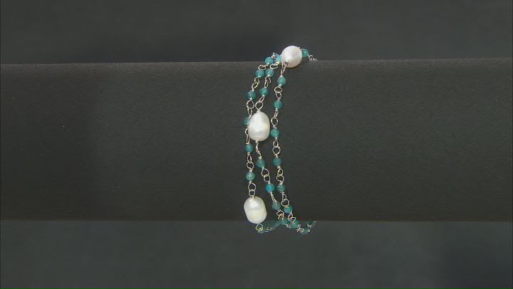 White Cultured Freshwater Pearl With Blue Apatite & Cubic Zirconia Rhodium Over Silver Bracelet Video Thumbnail