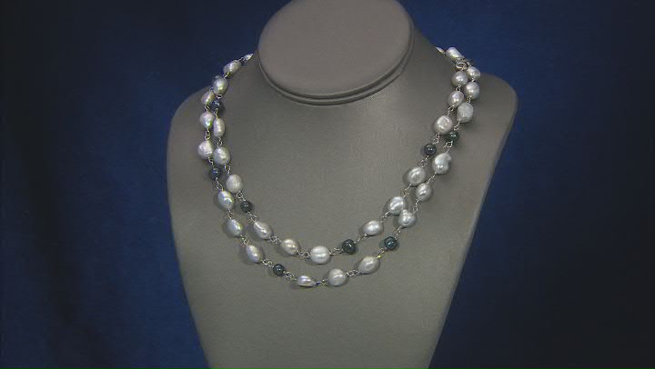 Blue & White Cultured Freshwater Pearl Rhodium Over Sterling Silver Necklace Video Thumbnail